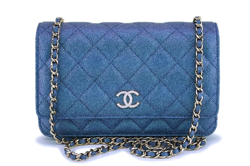 NIB 19S Chanel Iridescent Blue Pearly CC Wallet on Chain WOC Flap Bag