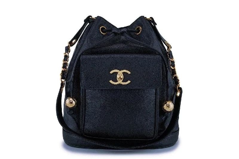 Rare Chanel Vintage Black Caviar Drawstring Bucket Bag 24k GHW