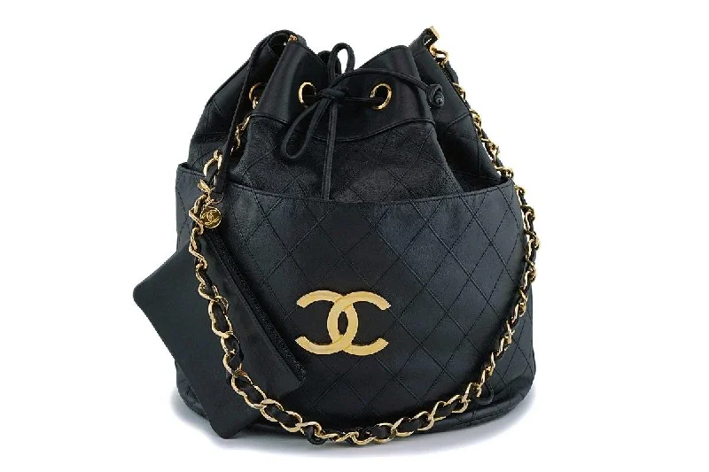 Rare Chanel Vintage Black Drawstring Bucket Bag 24k GHW