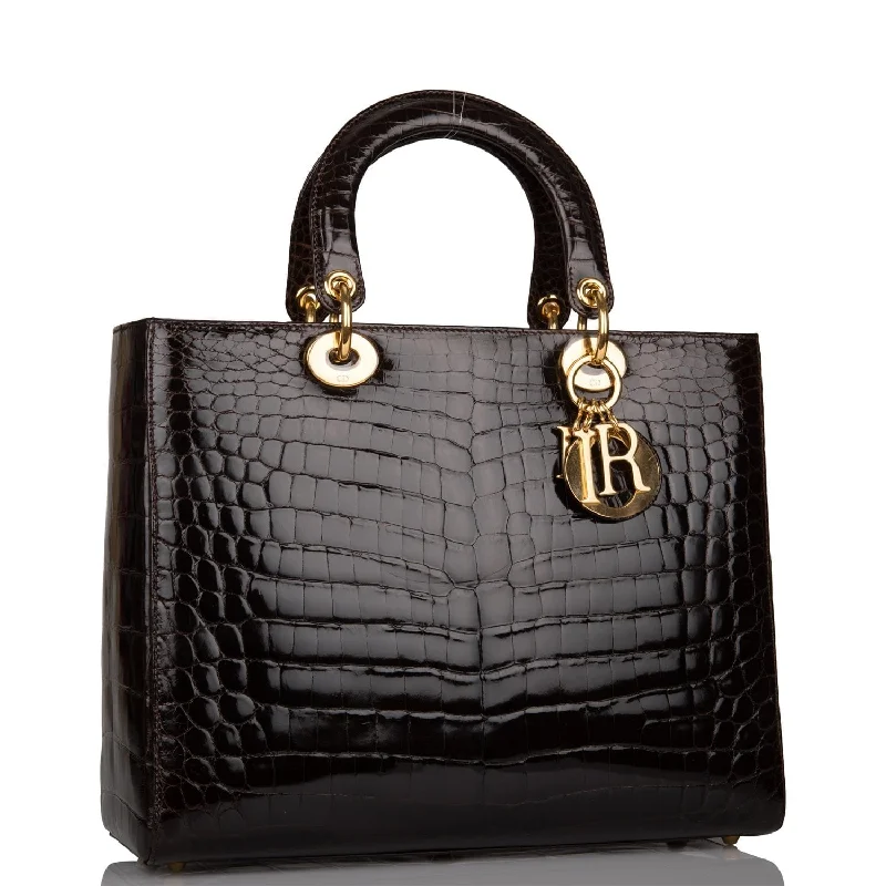 Christian Dior Dark Brown Large Lady Dior Alligator Tote Gold Hardware