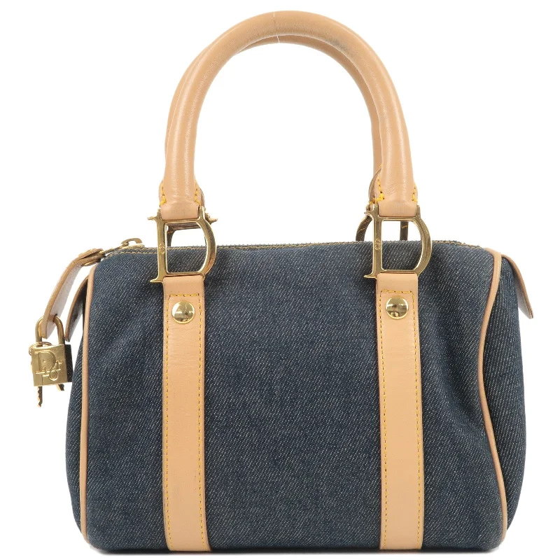 Christian Dior Denim Leather Small Boston Bag Navy Beige