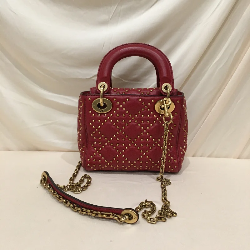 CHRISTIAN DIOR Dior Red Leather Stud Mini Lady Dior 2-ways Tote Bag Sku# 75921