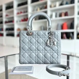 Lady Medium Lambskin Cannage Grey SHW