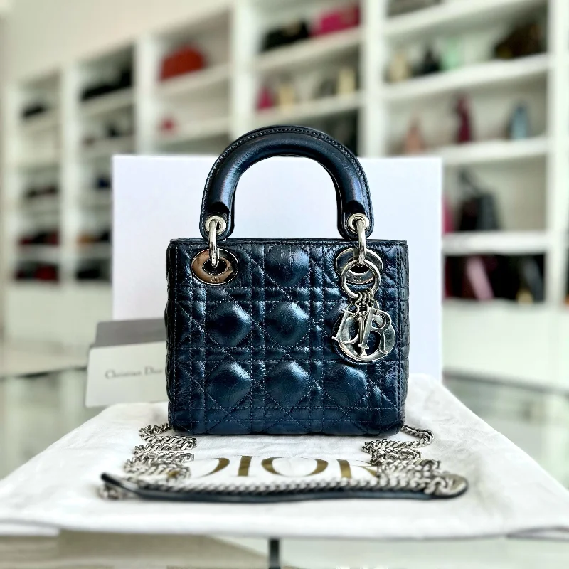 Lady Mini Glazed Calfskin Iridescent Blue Chain Strap SHW